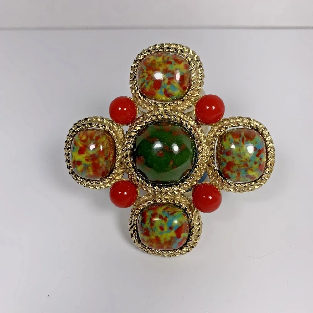 Vintage Sarah Coventry Signed Large Mosaic Maltese Cross‎ Brooch Pin Gold Tone